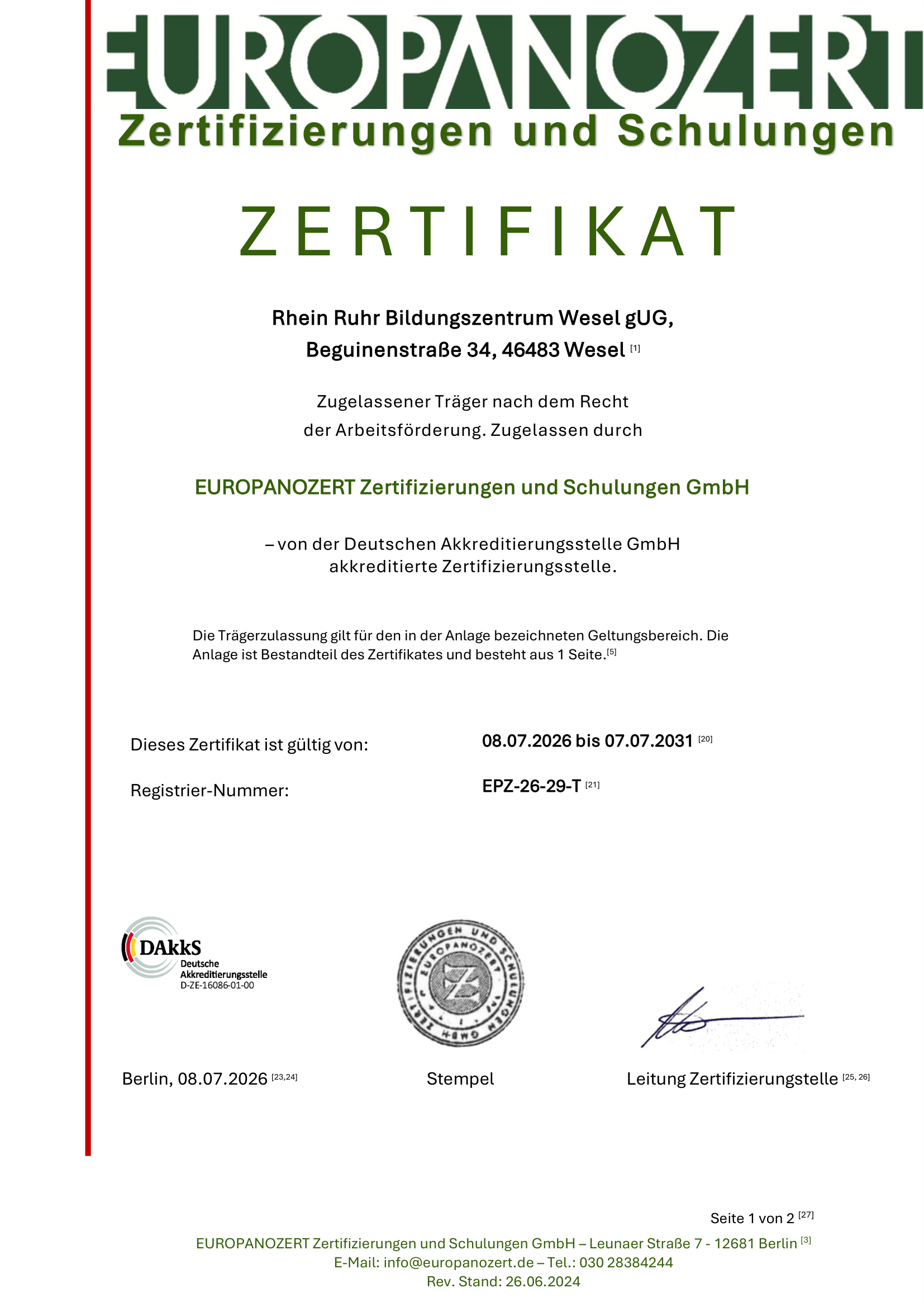AZAV Trägerzertifikat Seite 1